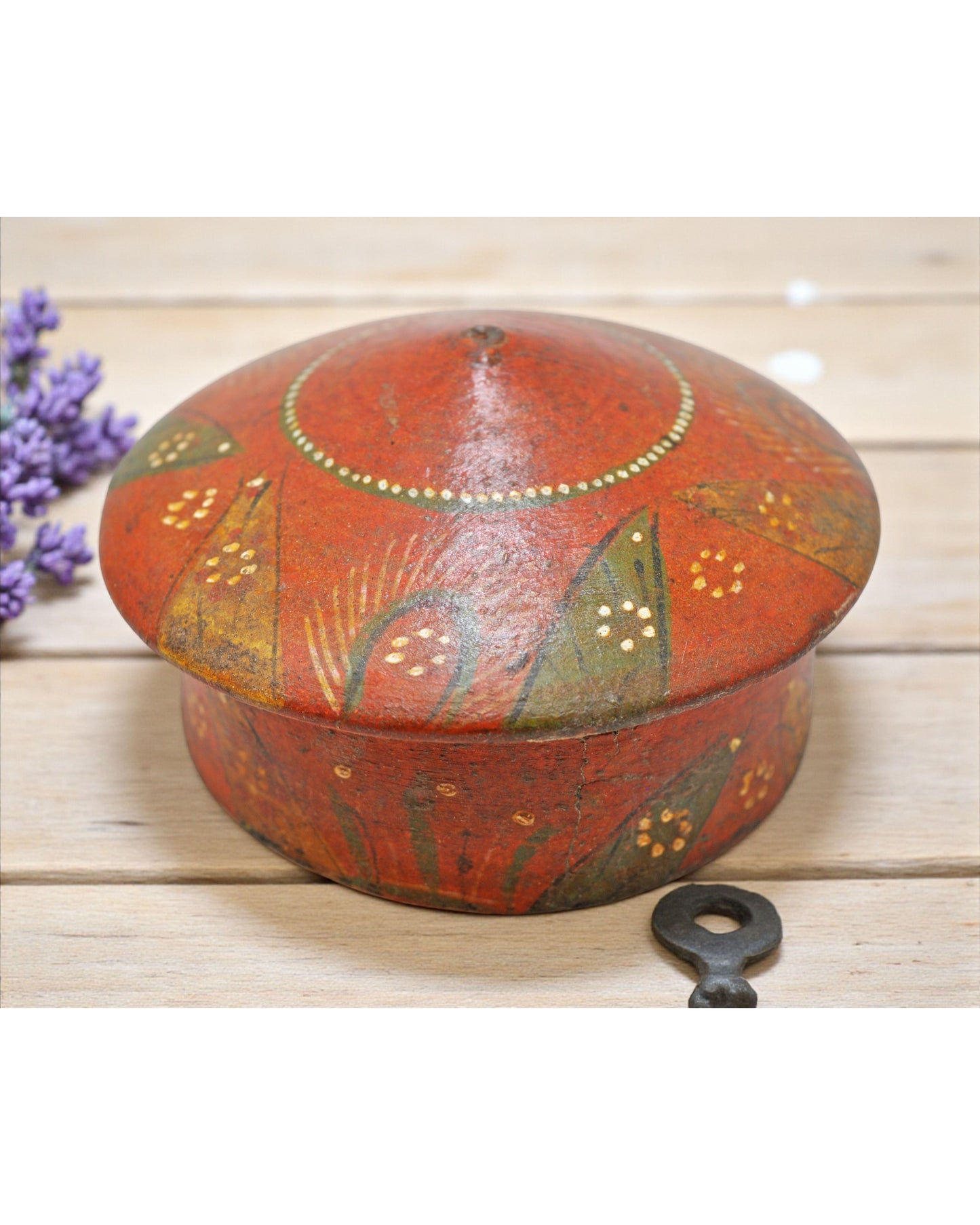 Antique Wooden Round Kum Kum Powder Tika Box Original Old Lacquer Painted