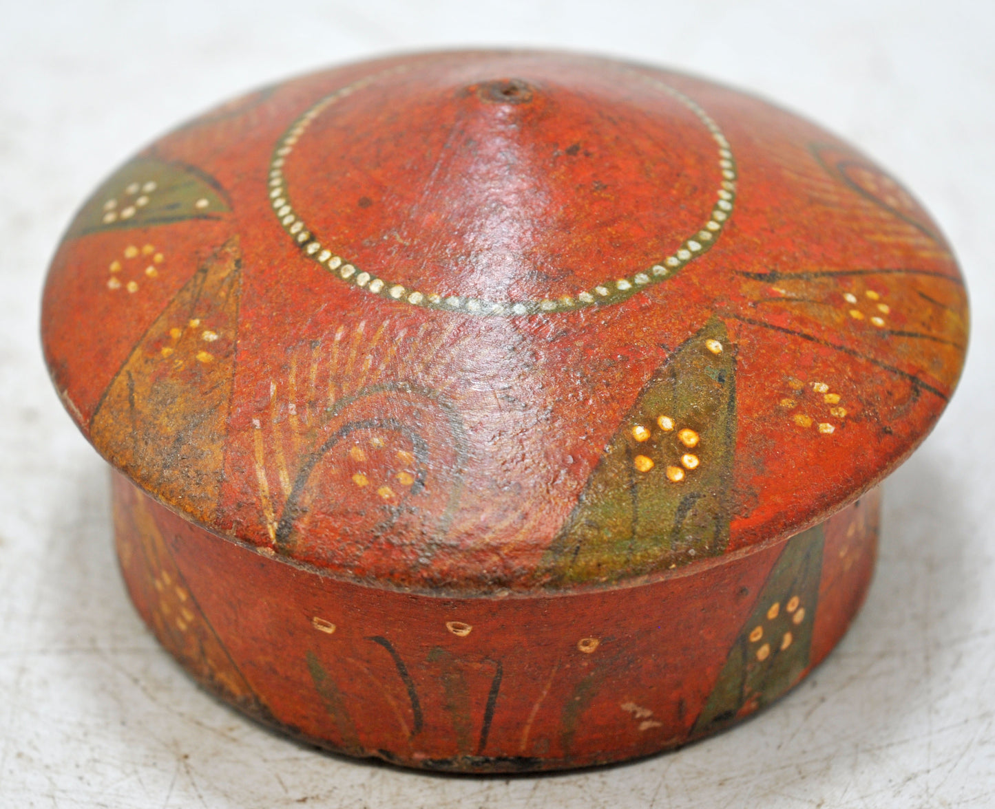 Antique Wooden Round Kum Kum Powder Tika Box Original Old Lacquer Painted