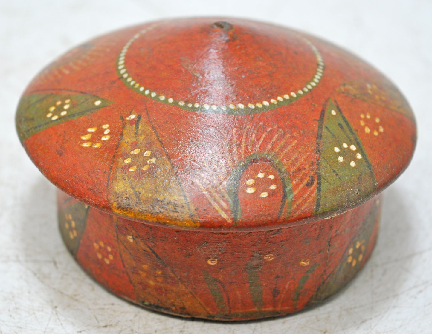 Antique Wooden Round Kum Kum Powder Tika Box Original Old Lacquer Painted