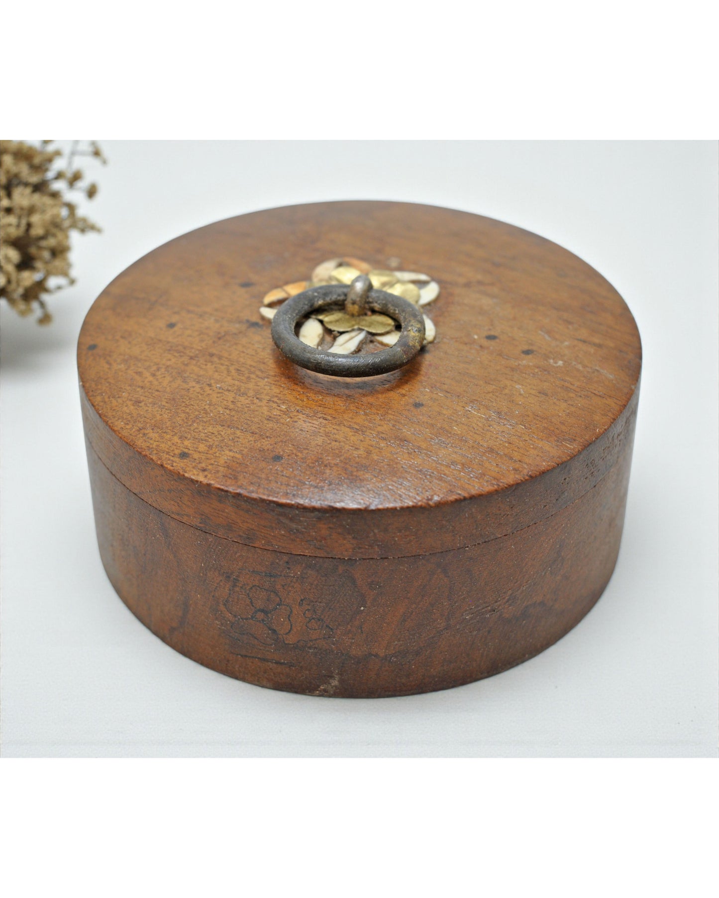 Antique Wooden Round Kum Kum Powder Tika Box Original Old