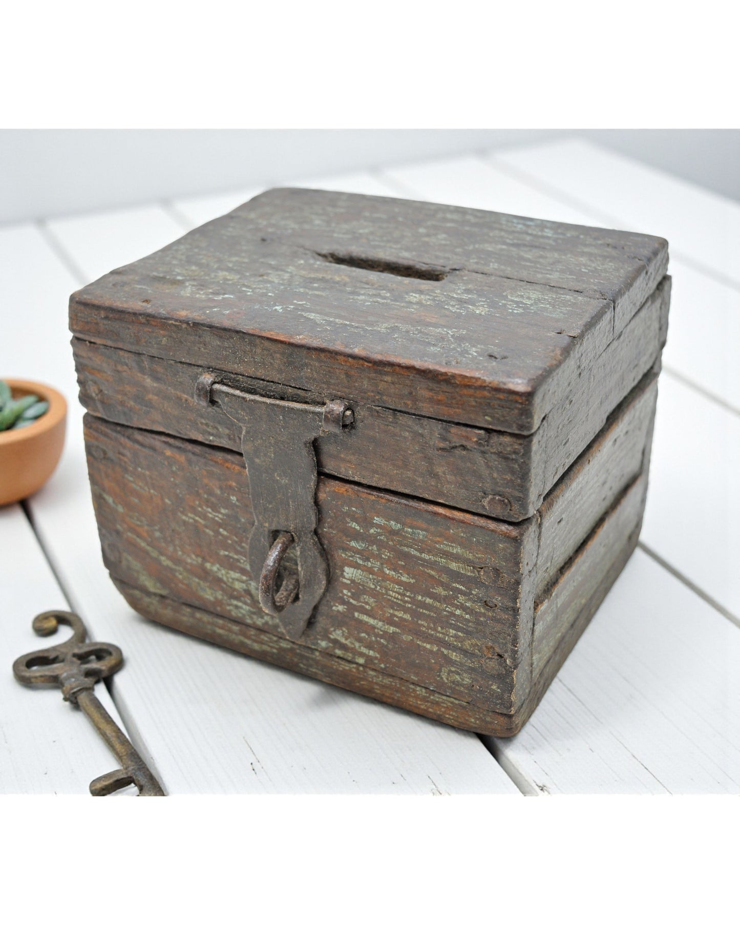 Antique Wooden Small Coin Money Box Original Old Hand Crafted Polychrome
