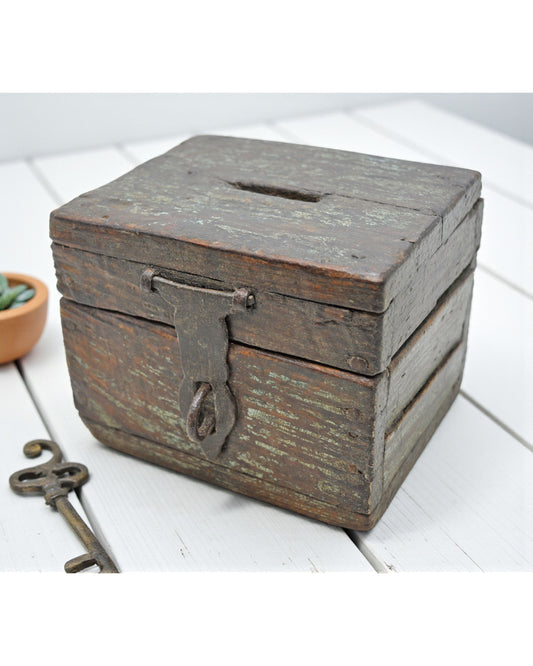 Antique Wooden Small Coin Money Box Original Old Hand Crafted Polychrome