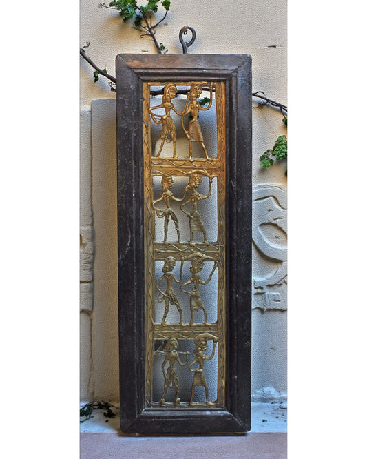 Vintage Brass Wall Décor Tribal Figures Panel Original Old Hand Crafted Engraved