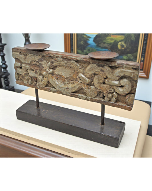 Antique Wooden Floral Carving Panel Candle Holder Original Old Fine Hand Carved