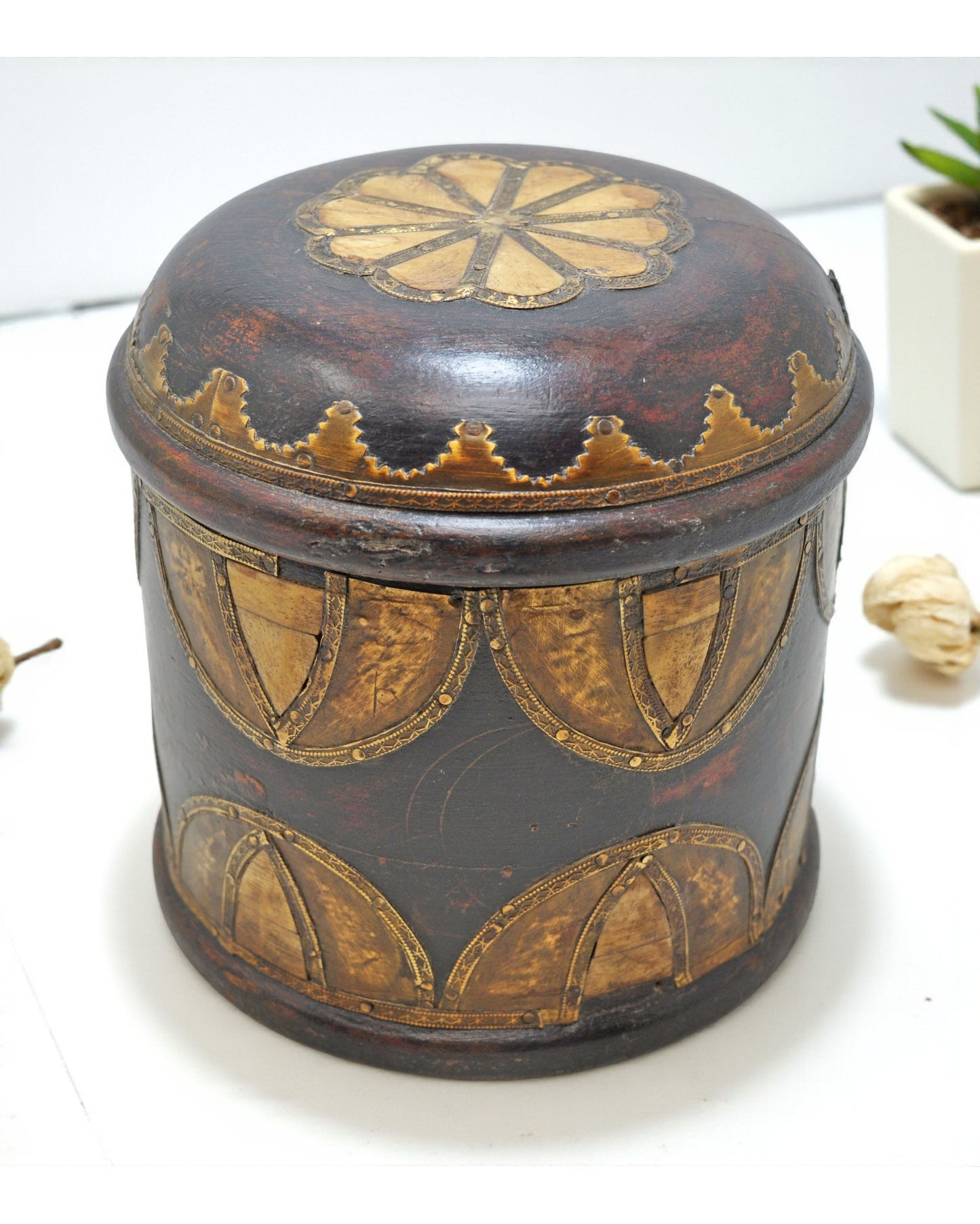 Vintage Wooden Bone Fitted Round Box Original Old Hand Crafted