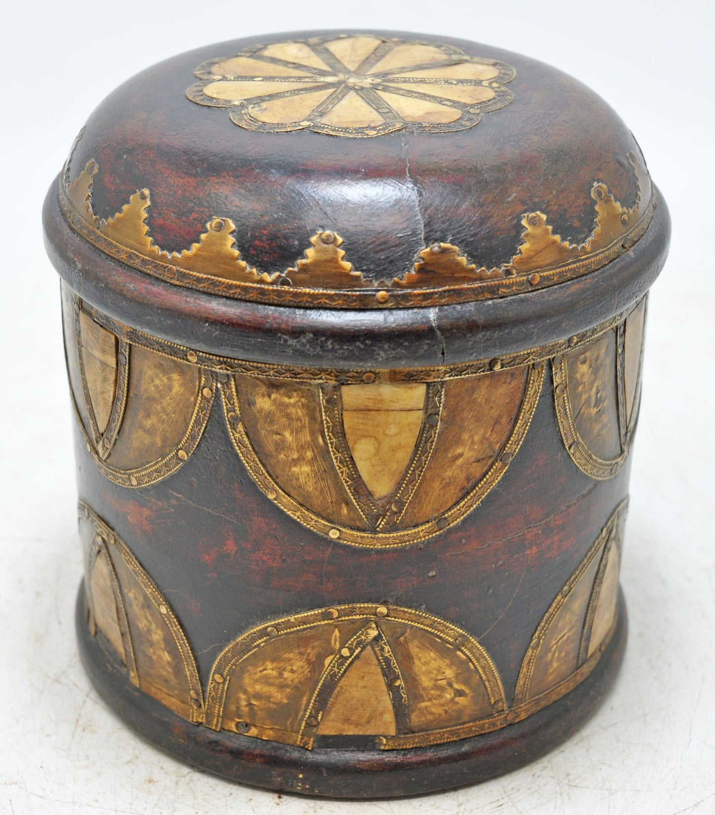 Vintage Wooden Bone Fitted Round Box Original Old Hand Crafted