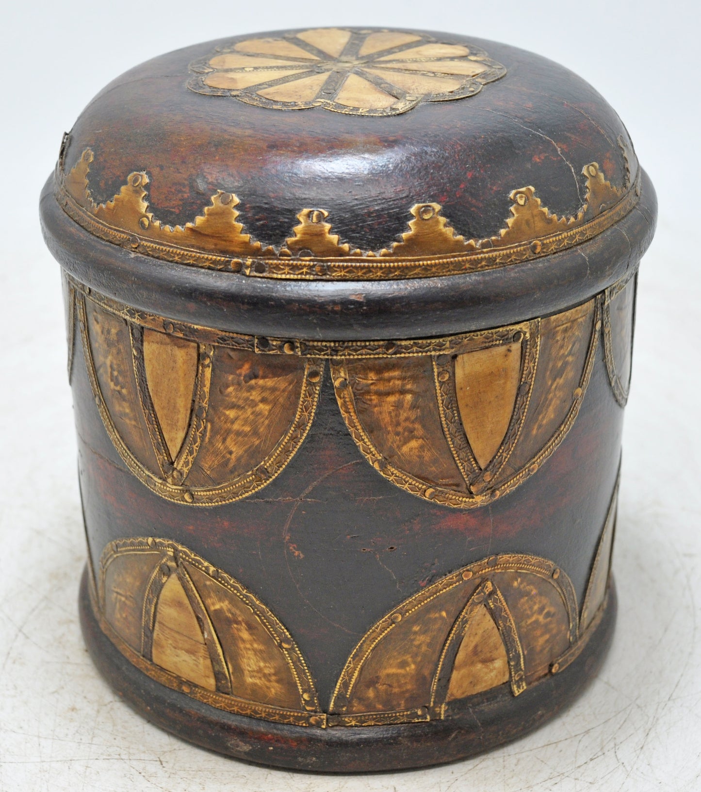 Vintage Wooden Bone Fitted Round Box Original Old Hand Crafted