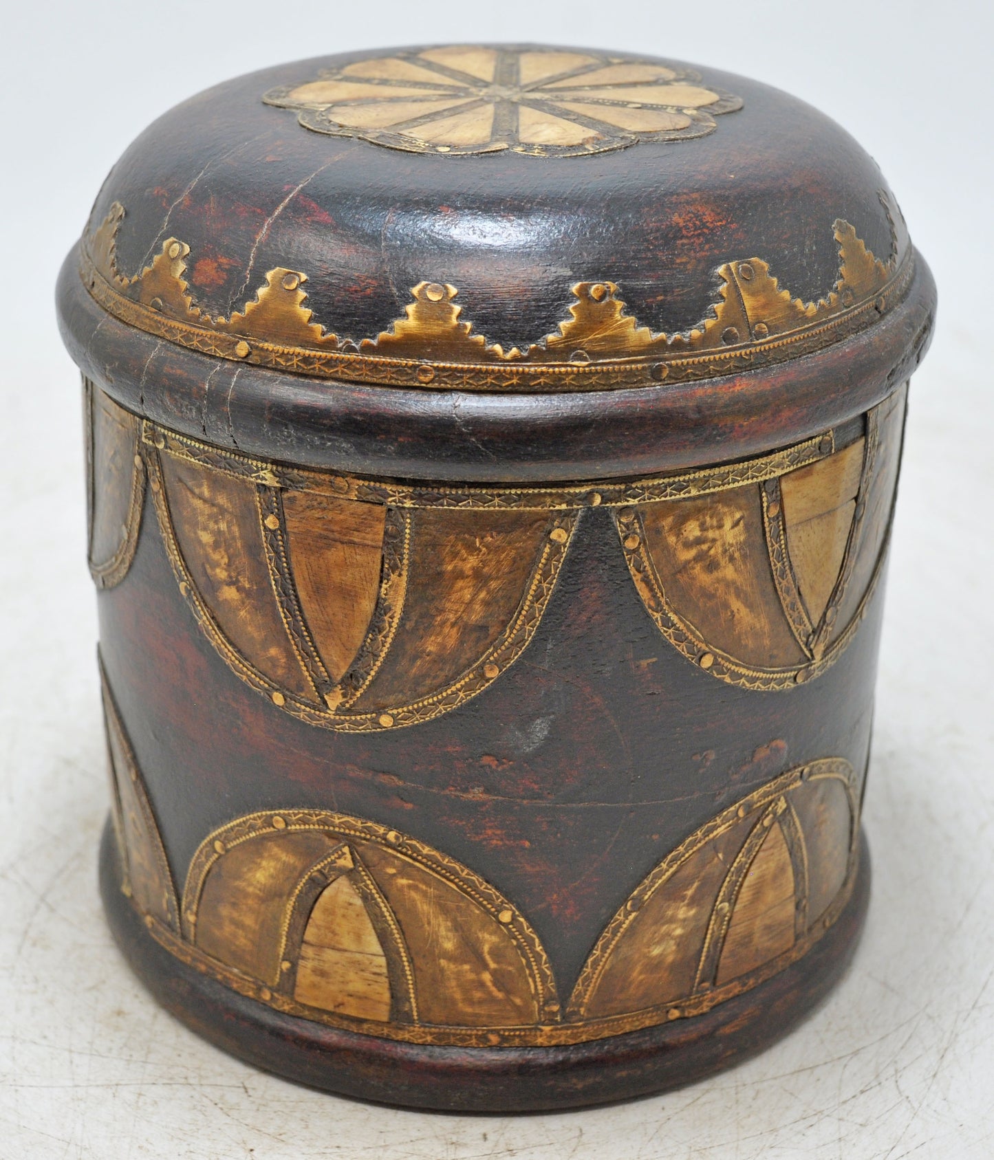 Vintage Wooden Bone Fitted Round Box Original Old Hand Crafted