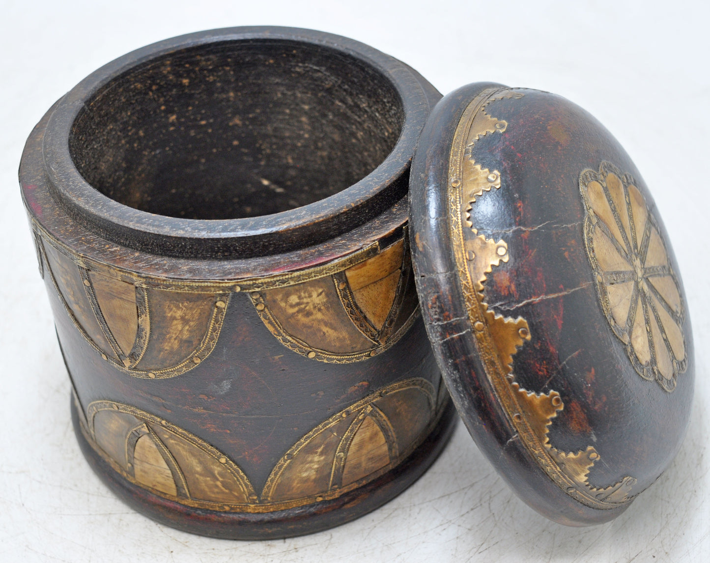 Vintage Wooden Bone Fitted Round Box Original Old Hand Crafted