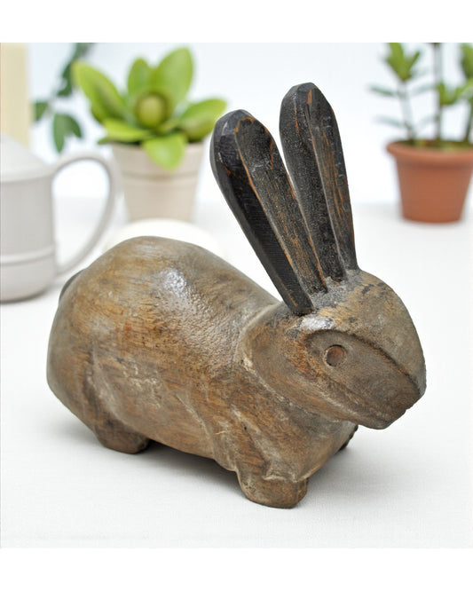 Vintage Wooden Rabbit Figurine Original Old Hand Carved