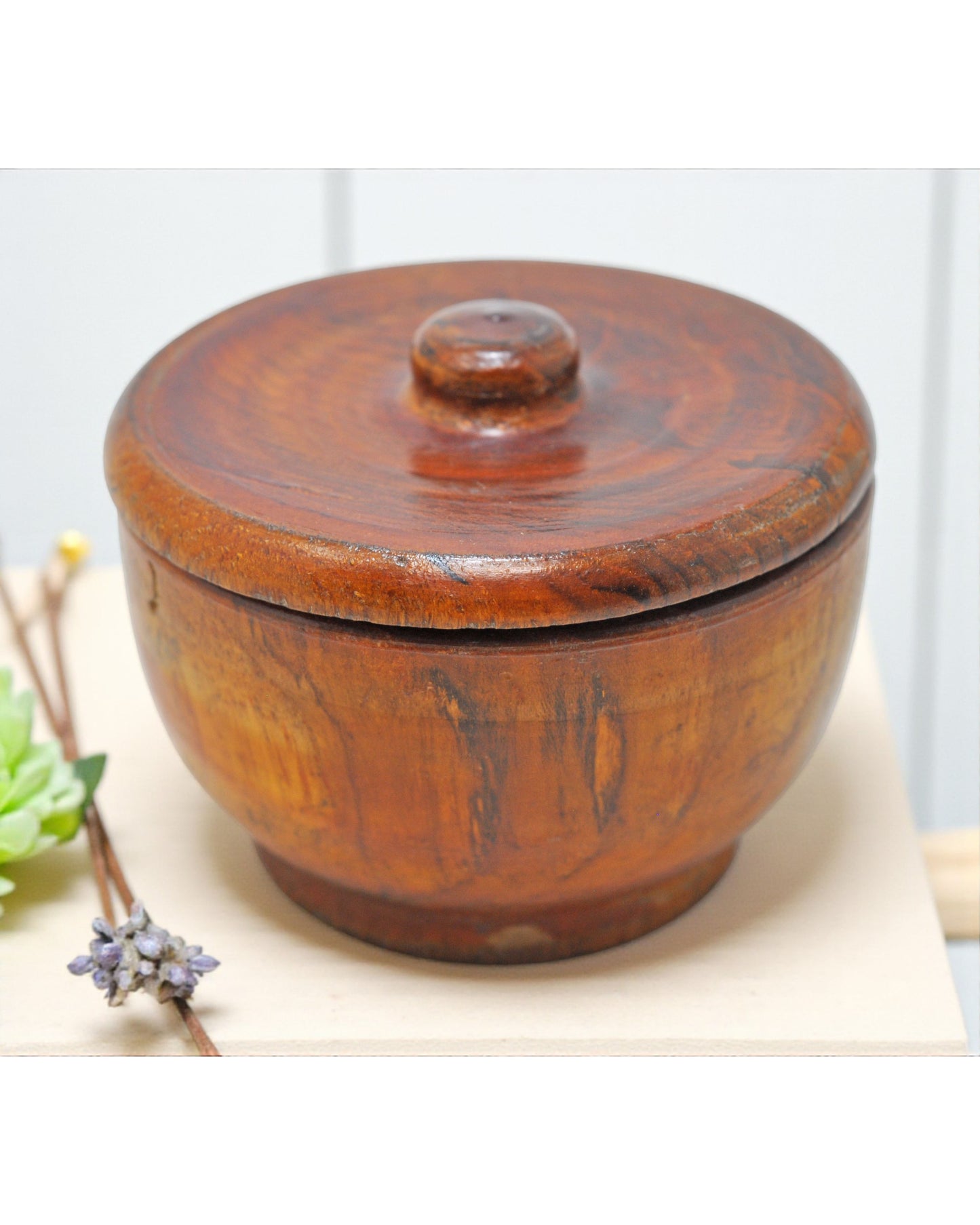Vintage Wooden Round Kum Kum Powder Tika Box Original Old Hand Carved