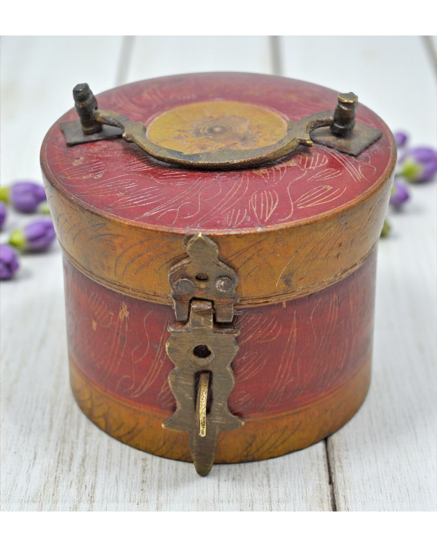 Antique Wooden Round Kum Kum Powder Tika Box Original Old Lacquer Painted