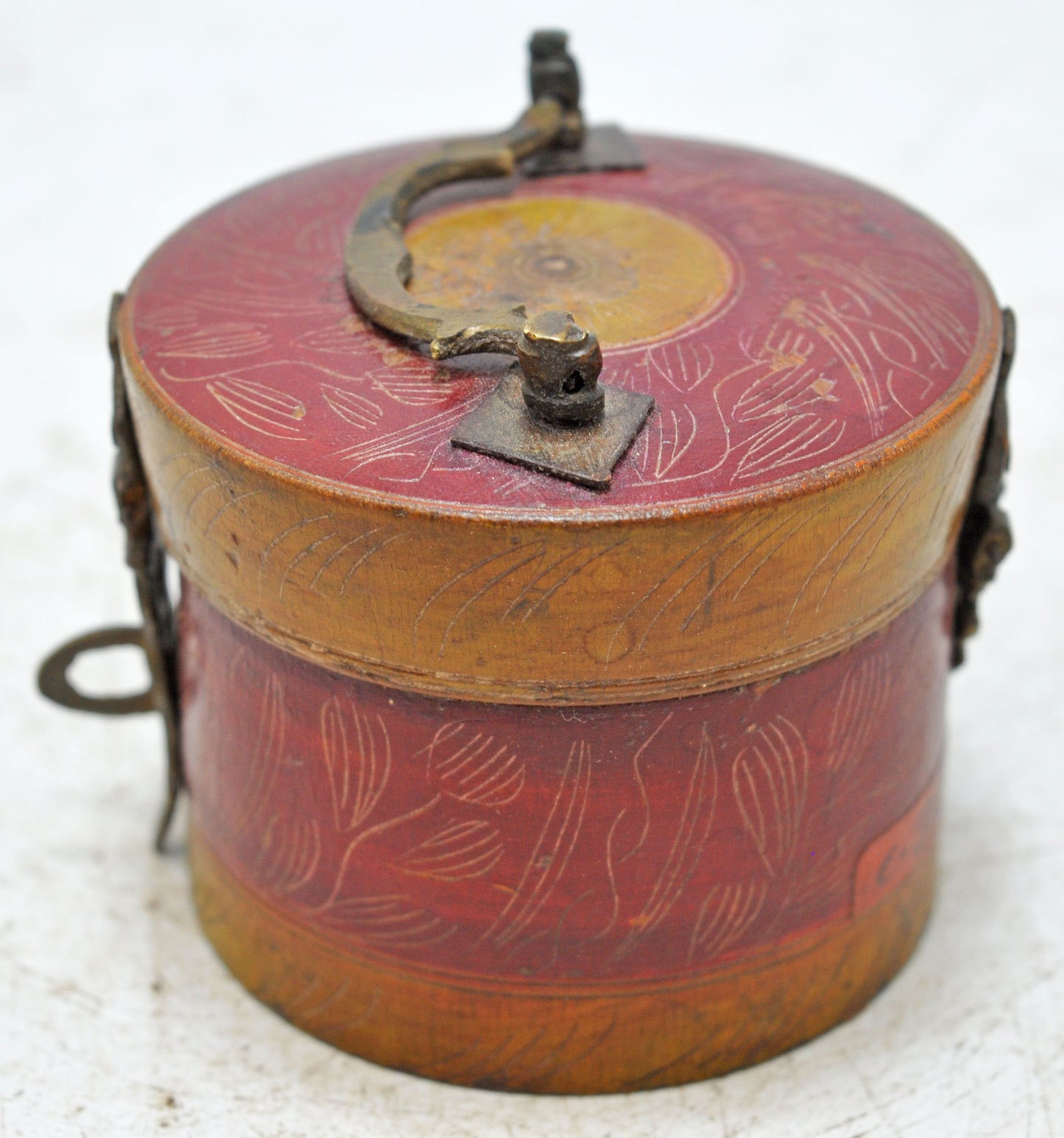 Antique Wooden Round Kum Kum Powder Tika Box Original Old Lacquer Painted