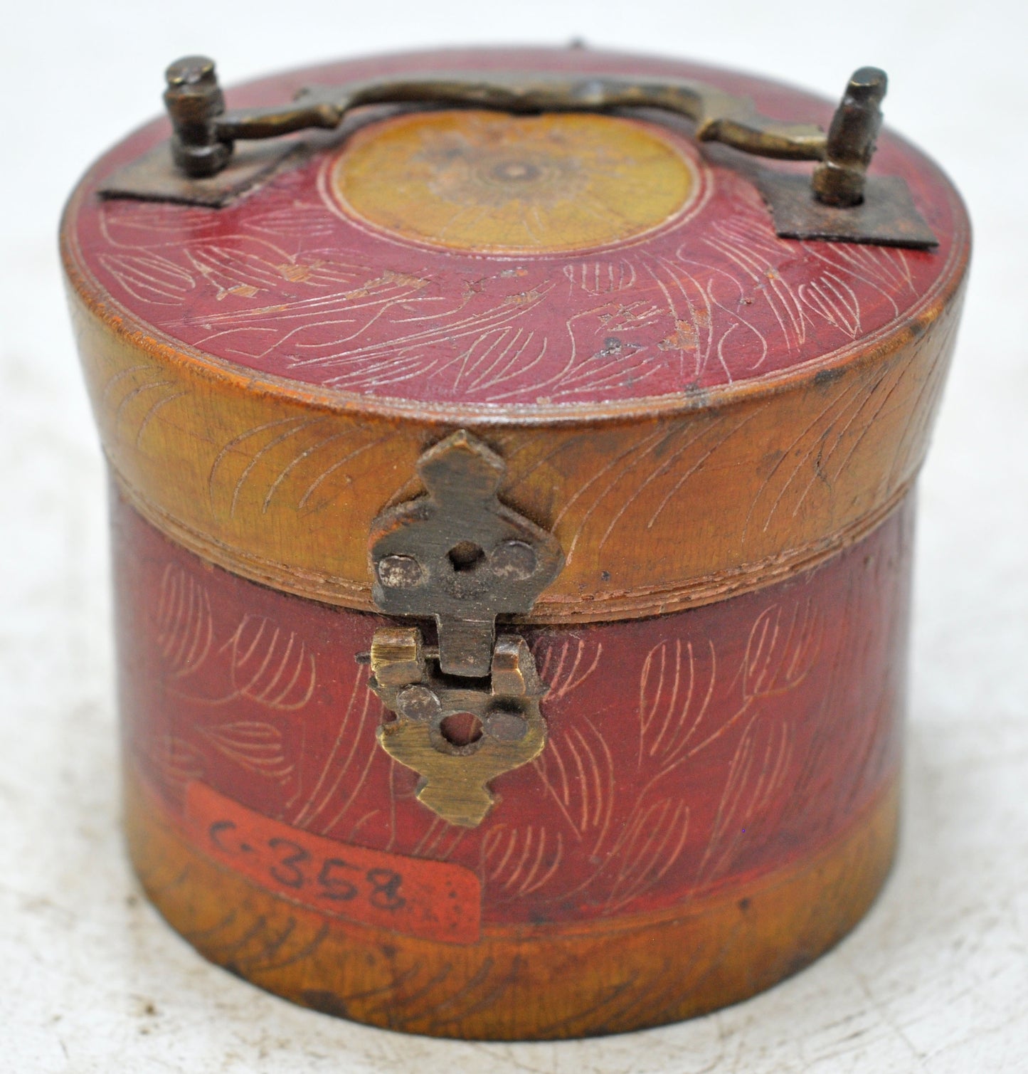 Antique Wooden Round Kum Kum Powder Tika Box Original Old Lacquer Painted