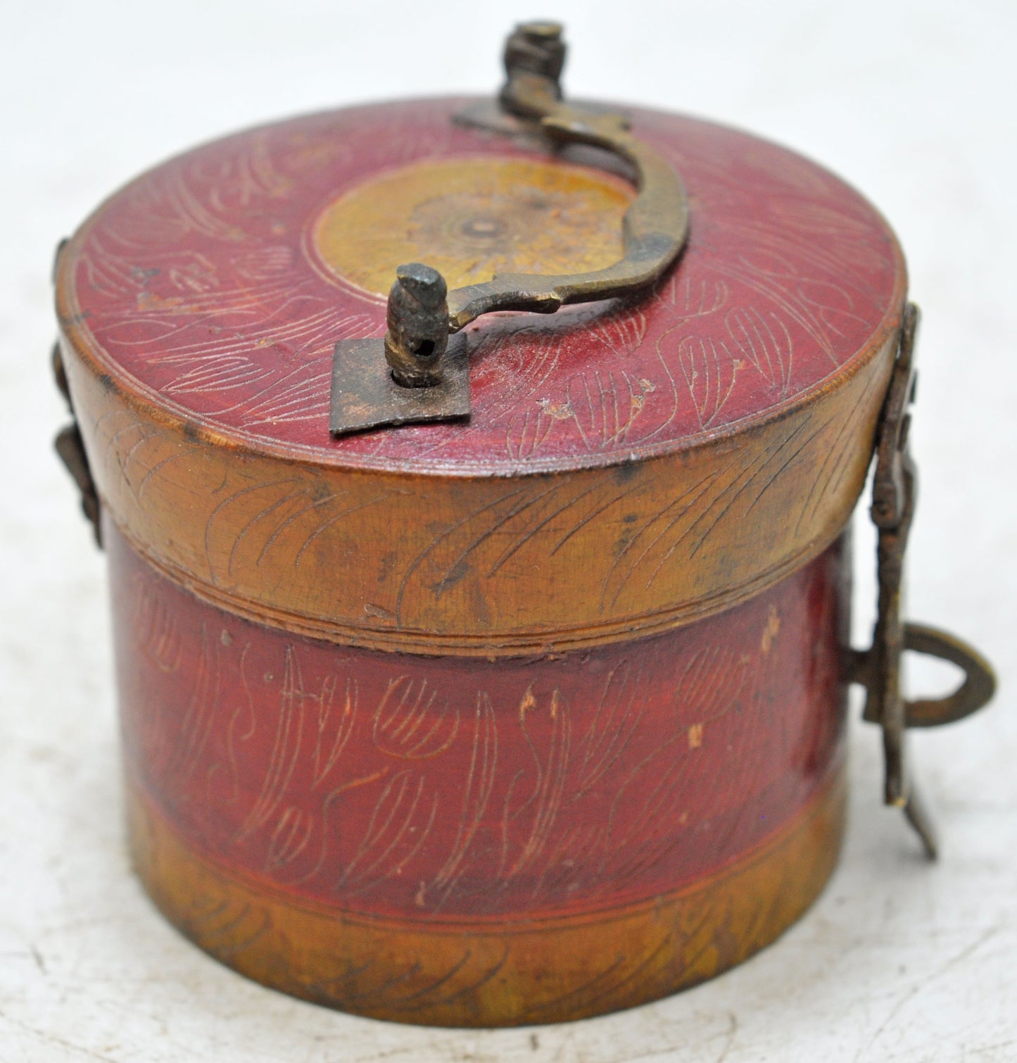 Antique Wooden Round Kum Kum Powder Tika Box Original Old Lacquer Painted