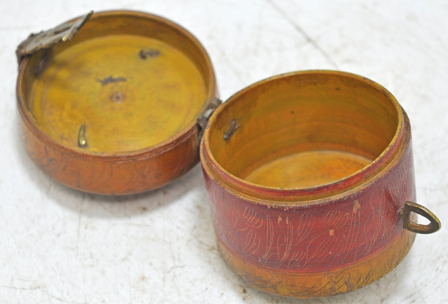 Antique Wooden Round Kum Kum Powder Tika Box Original Old Lacquer Painted
