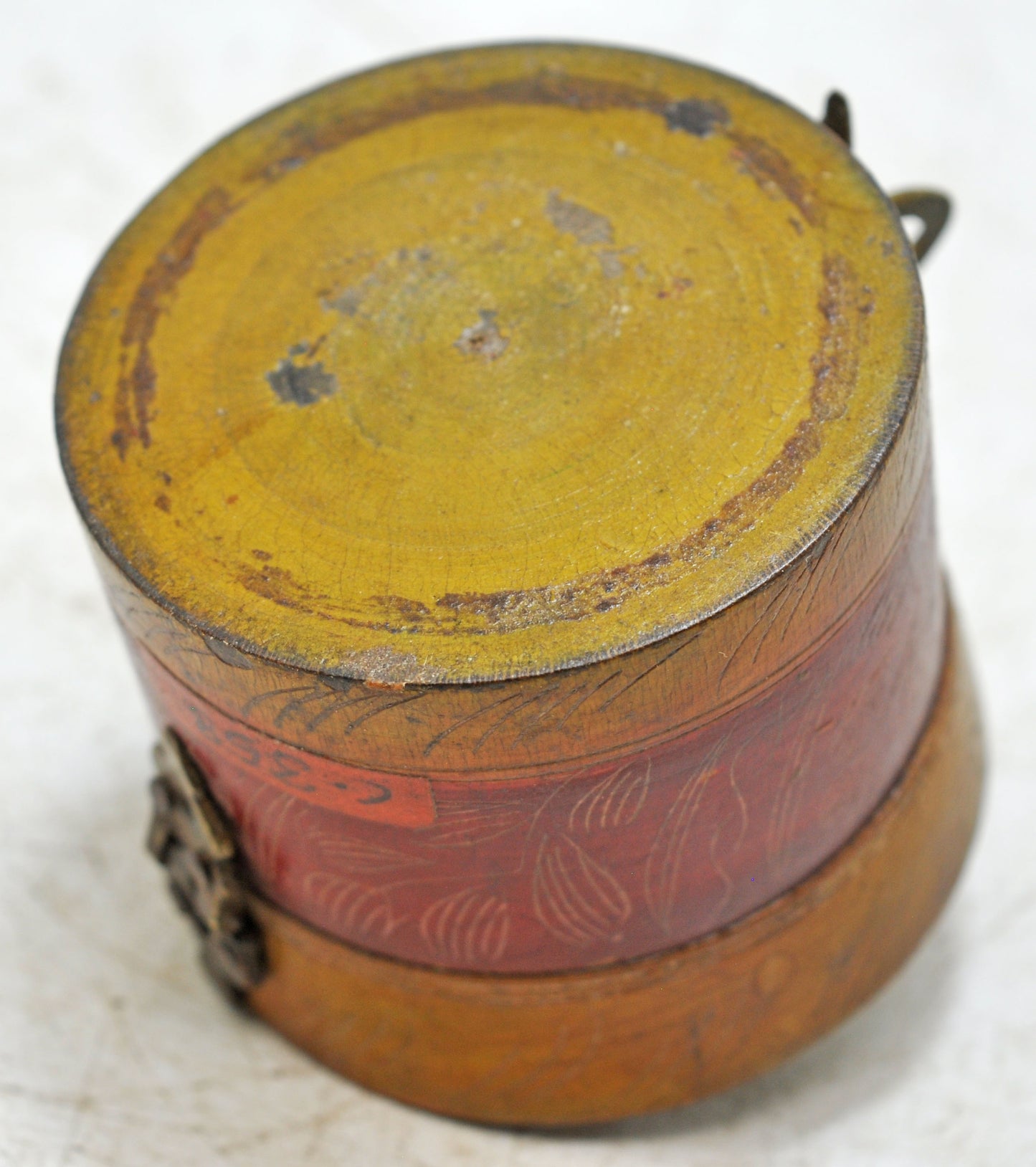 Antique Wooden Round Kum Kum Powder Tika Box Original Old Lacquer Painted