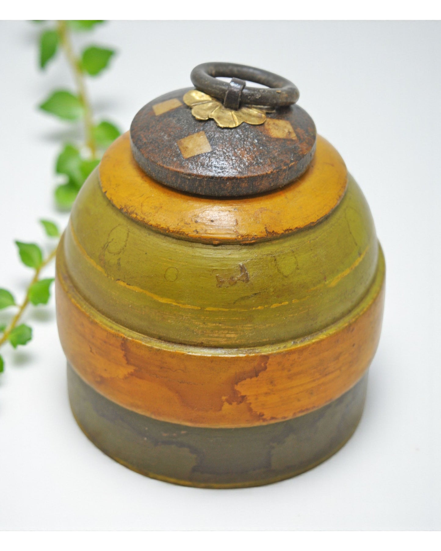 Antique Wooden Round Kum Kum Powder Tika Box Original Old Lacquer Painted