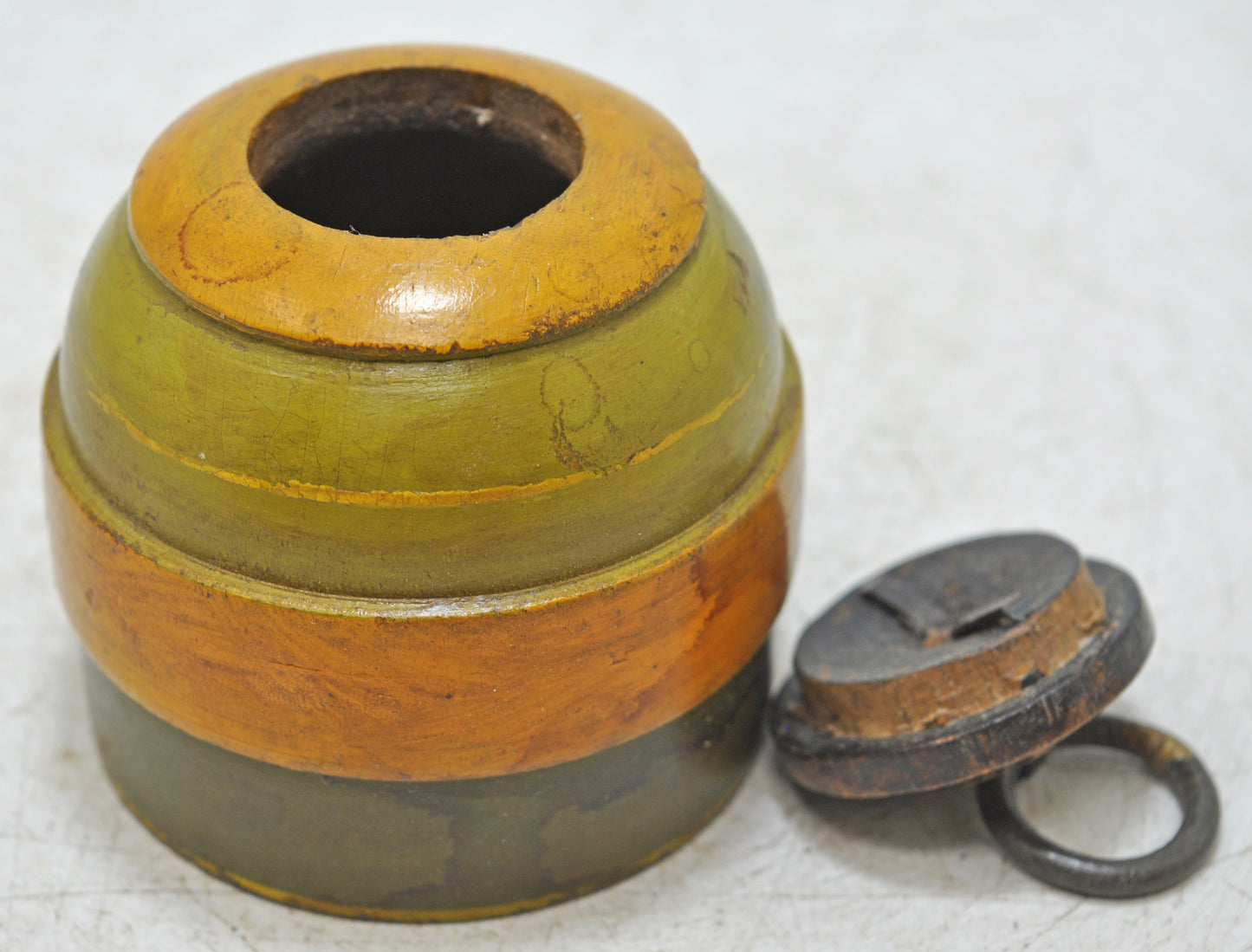 Antique Wooden Round Kum Kum Powder Tika Box Original Old Lacquer Painted