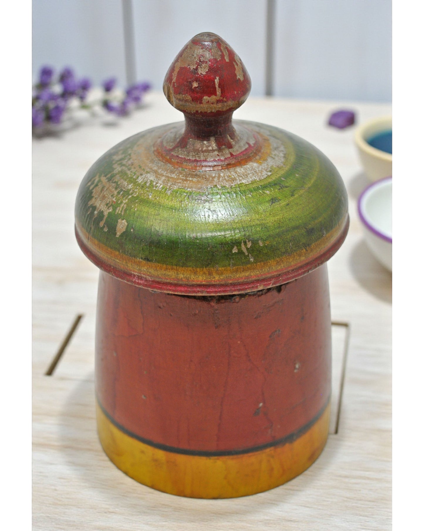 Antique Wooden Round Kum Kum Powder Tika Box Original Old Lacquer Painted