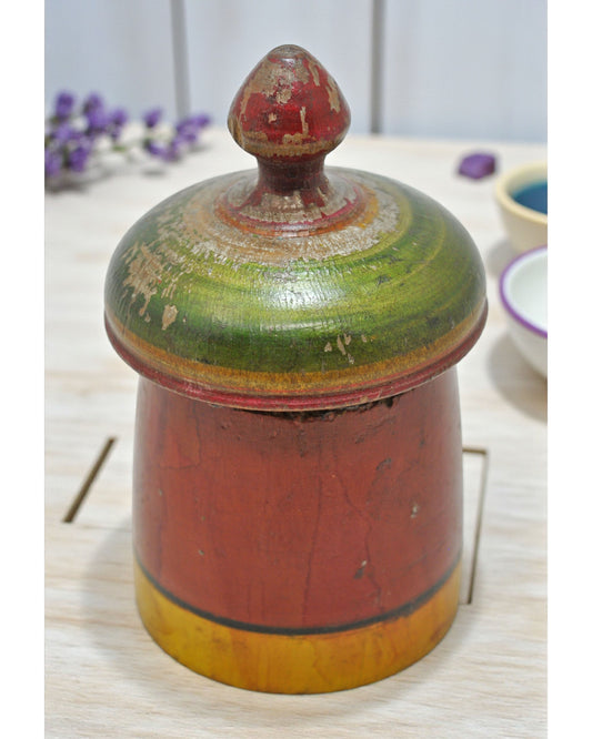 Antique Wooden Round Kum Kum Powder Tika Box Original Old Lacquer Painted