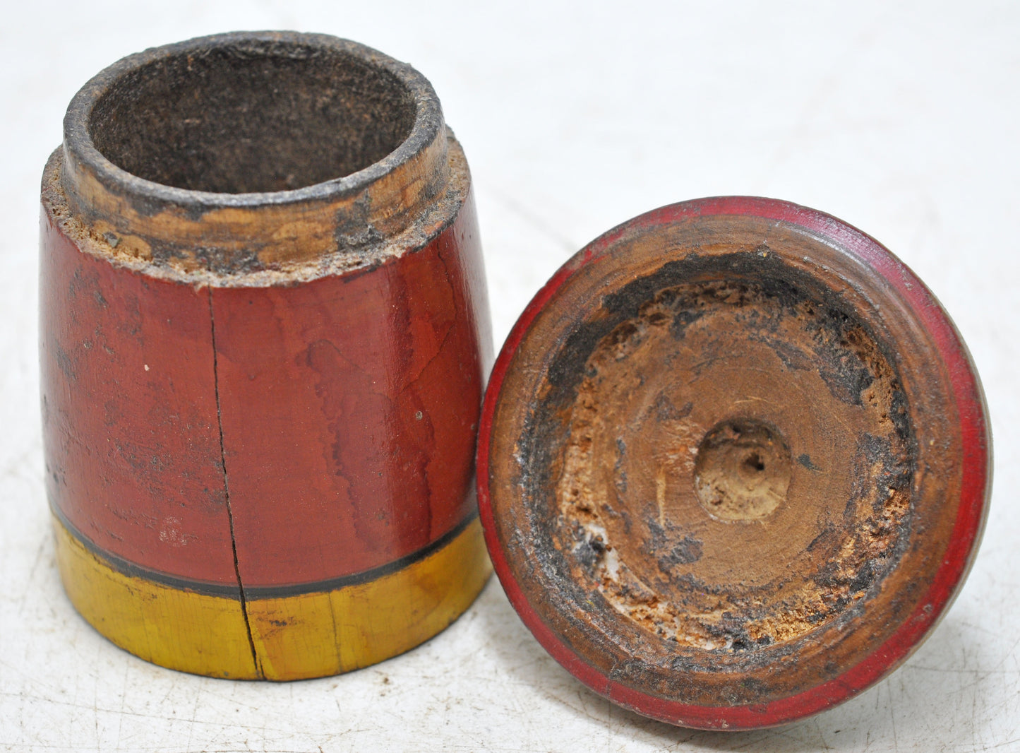 Antique Wooden Round Kum Kum Powder Tika Box Original Old Lacquer Painted