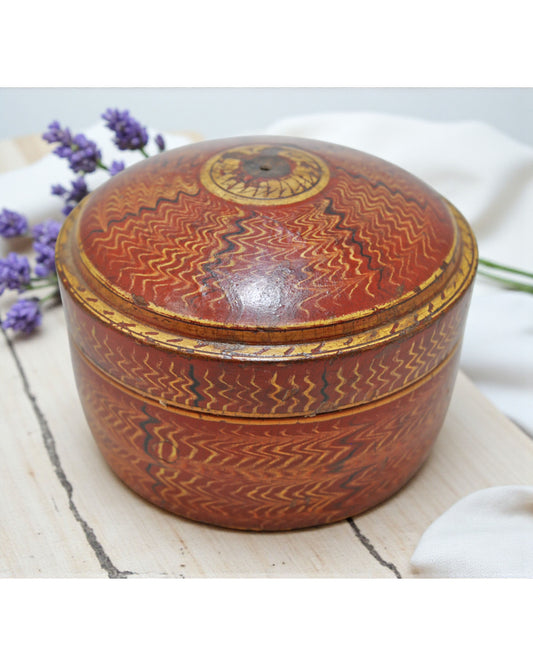 Antique Wooden Round Kum Kum Powder Tika Box Original Old Lacquer Painted