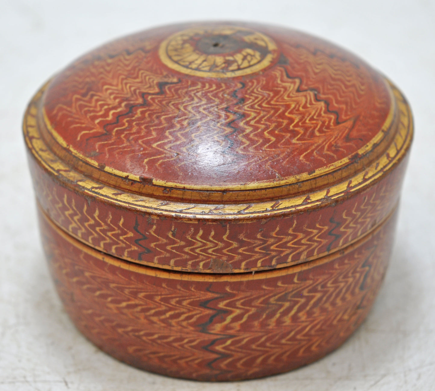 Antique Wooden Round Kum Kum Powder Tika Box Original Old Lacquer Painted