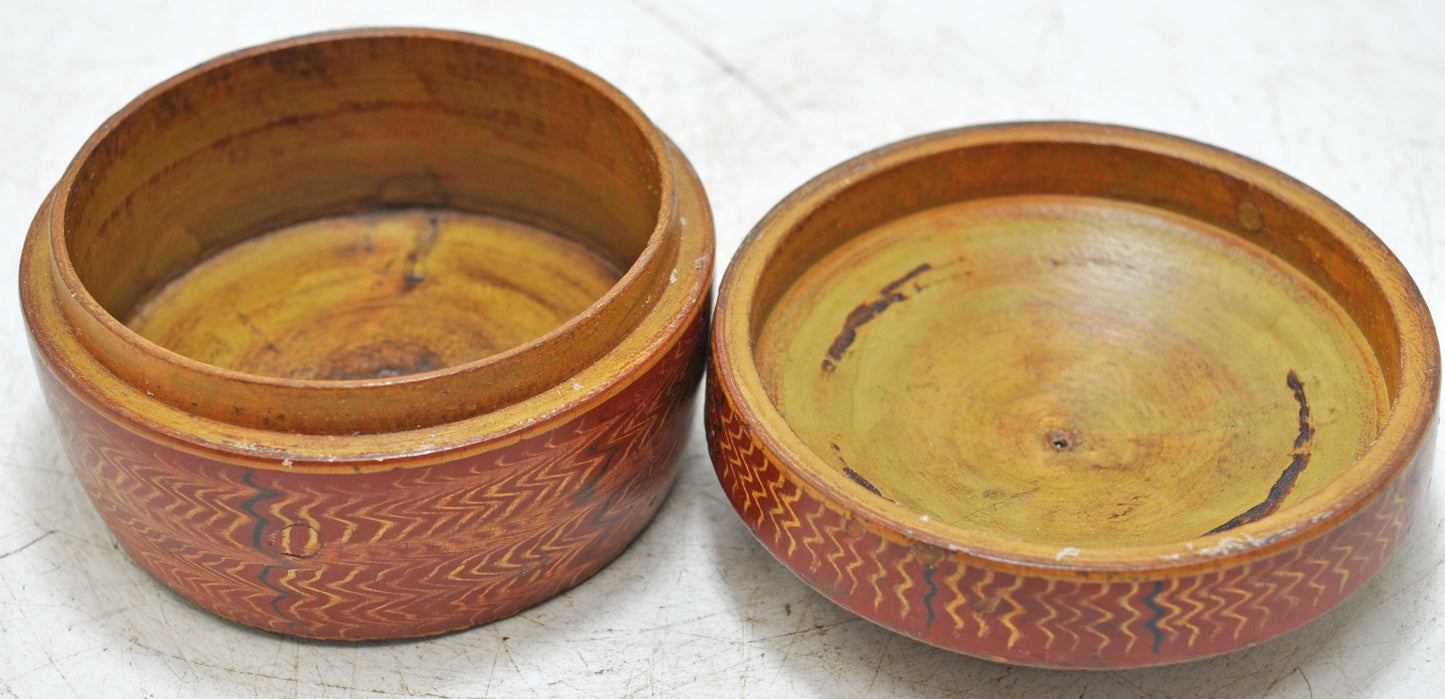Antique Wooden Round Kum Kum Powder Tika Box Original Old Lacquer Painted