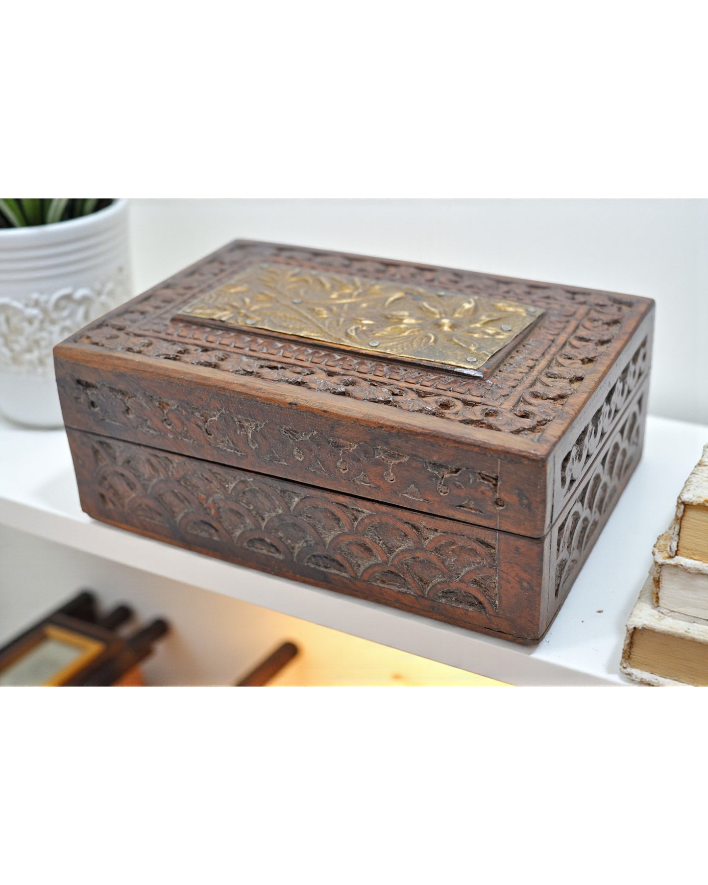 Vintage Wooden Small Storage Box Original Old Hand Carved Metal Fitted