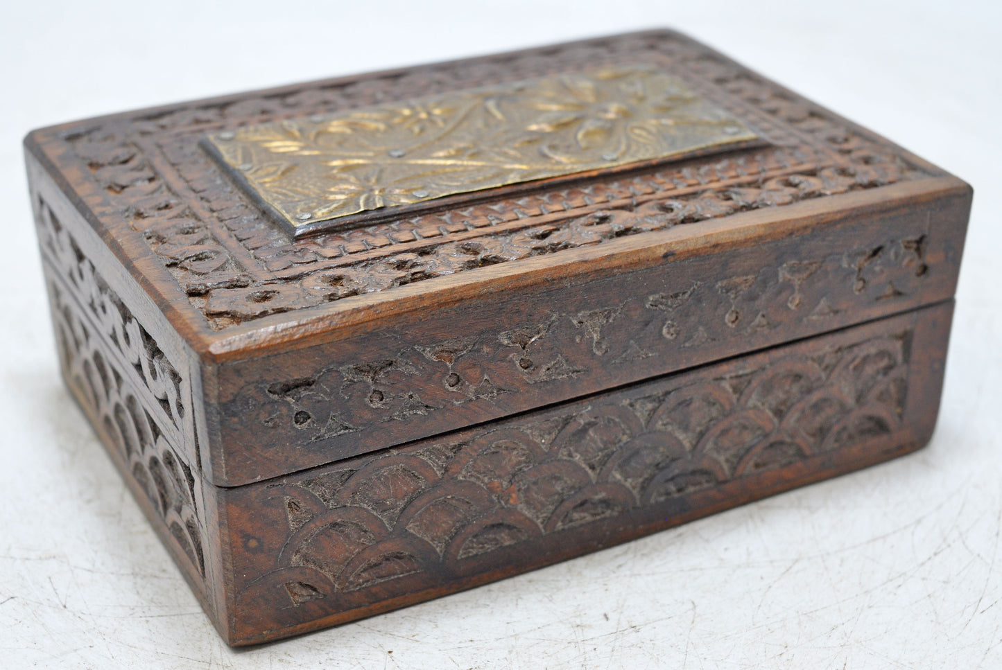Vintage Wooden Small Storage Box Original Old Hand Carved Metal Fitted