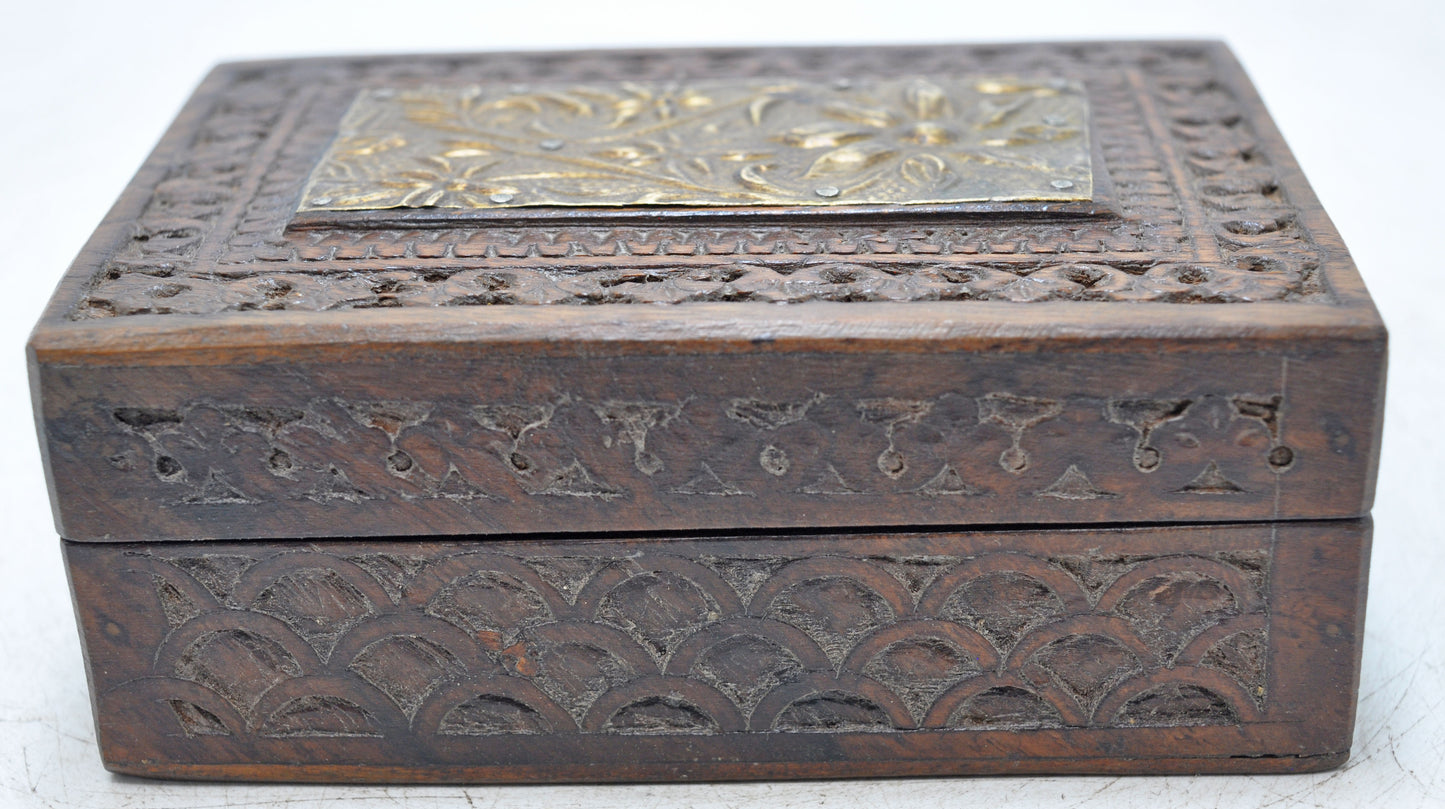 Vintage Wooden Small Storage Box Original Old Hand Carved Metal Fitted