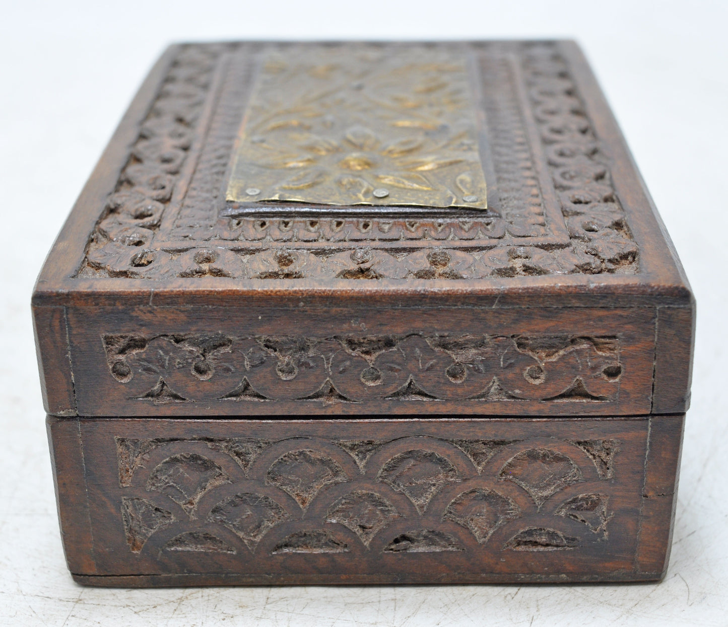 Vintage Wooden Small Storage Box Original Old Hand Carved Metal Fitted