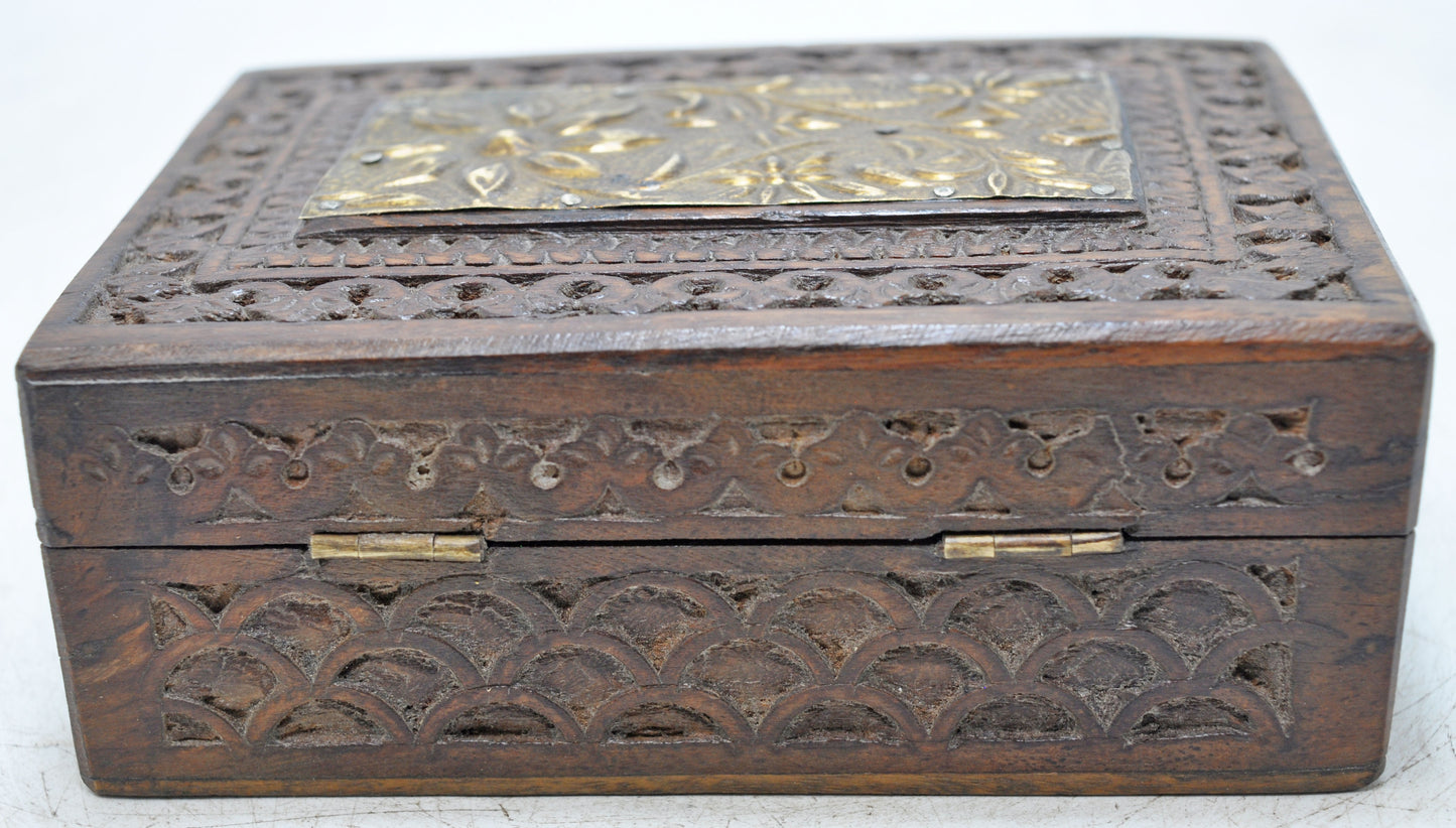 Vintage Wooden Small Storage Box Original Old Hand Carved Metal Fitted