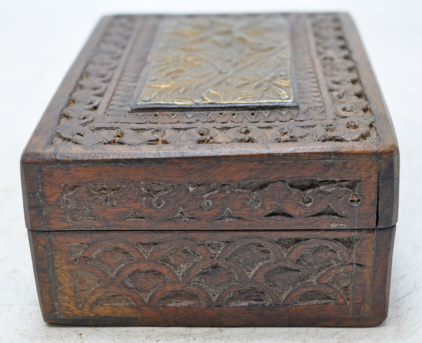 Vintage Wooden Small Storage Box Original Old Hand Carved Metal Fitted