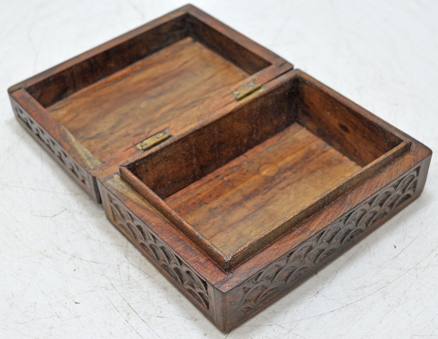 Vintage Wooden Small Storage Box Original Old Hand Carved Metal Fitted