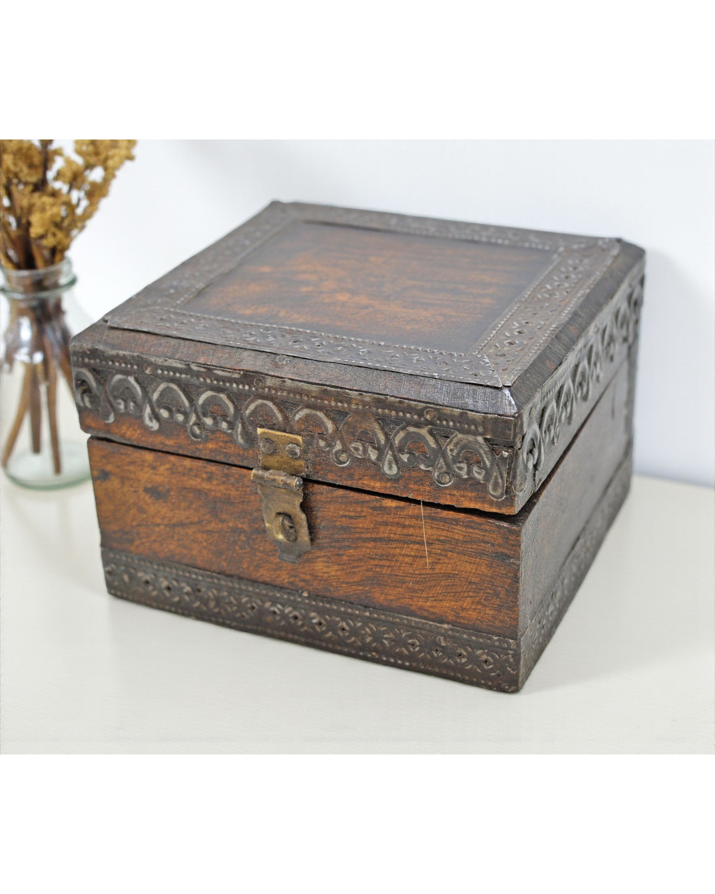 Vintage Wooden Small Storage Box Original Old Hand Carved Metal Fitted