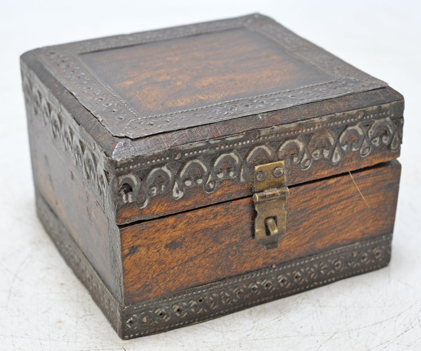 Vintage Wooden Small Storage Box Original Old Hand Carved Metal Fitted