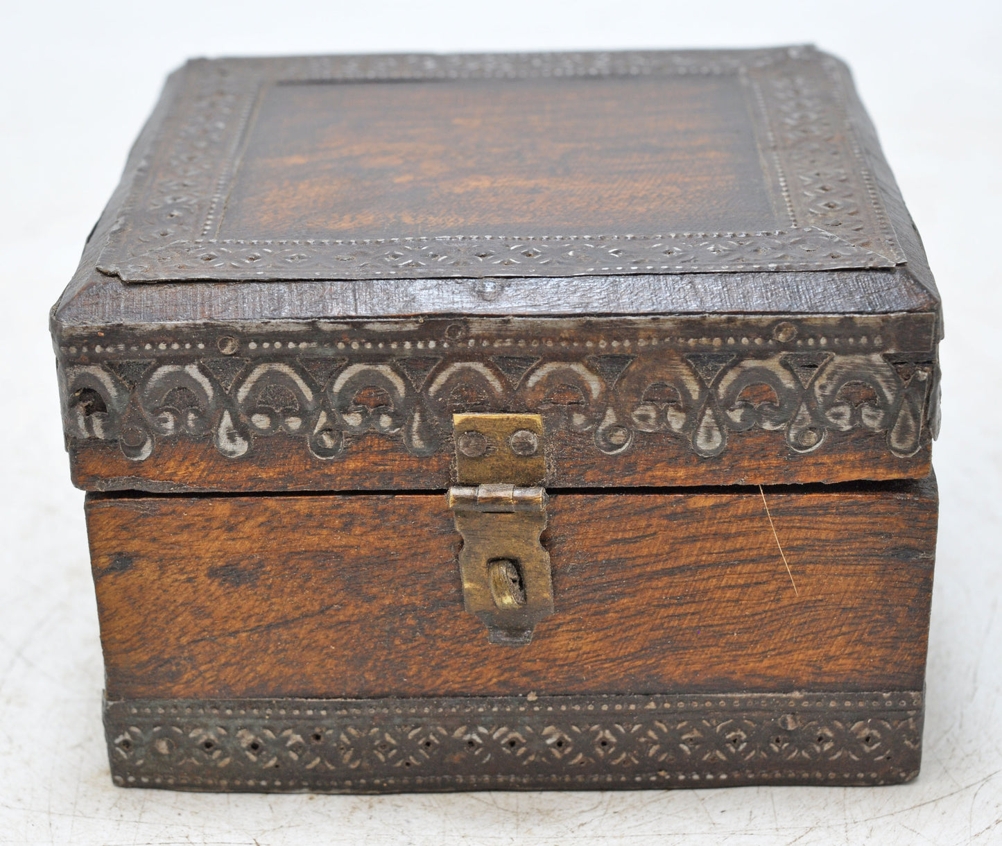Vintage Wooden Small Storage Box Original Old Hand Carved Metal Fitted
