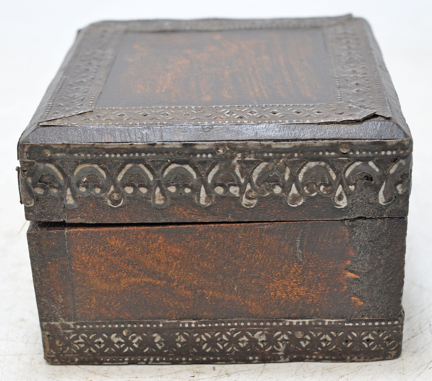 Vintage Wooden Small Storage Box Original Old Hand Carved Metal Fitted