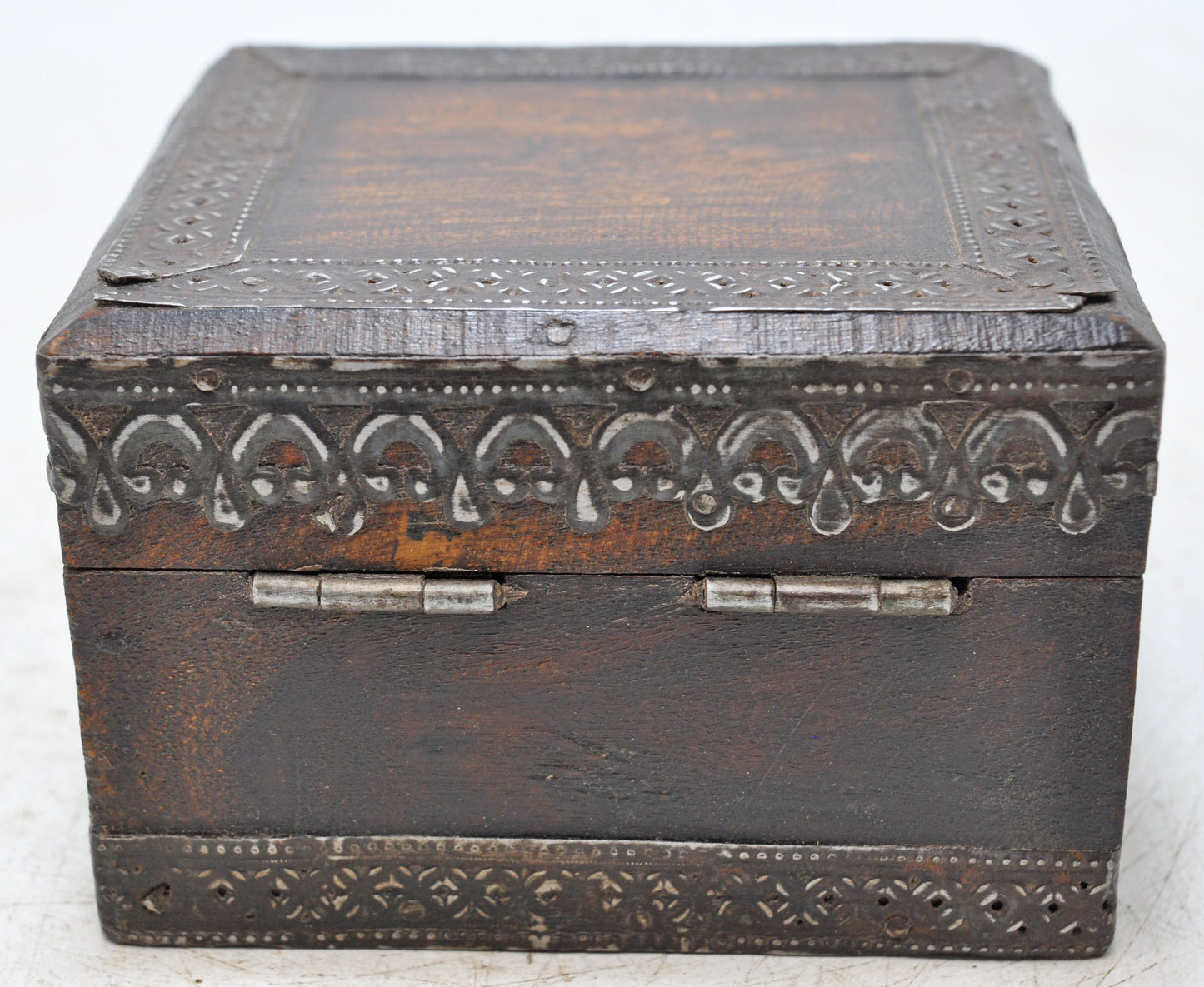 Vintage Wooden Small Storage Box Original Old Hand Carved Metal Fitted
