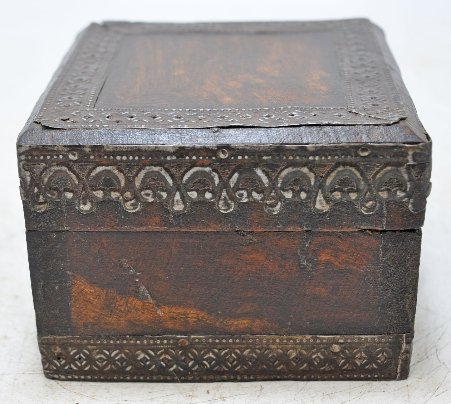 Vintage Wooden Small Storage Box Original Old Hand Carved Metal Fitted