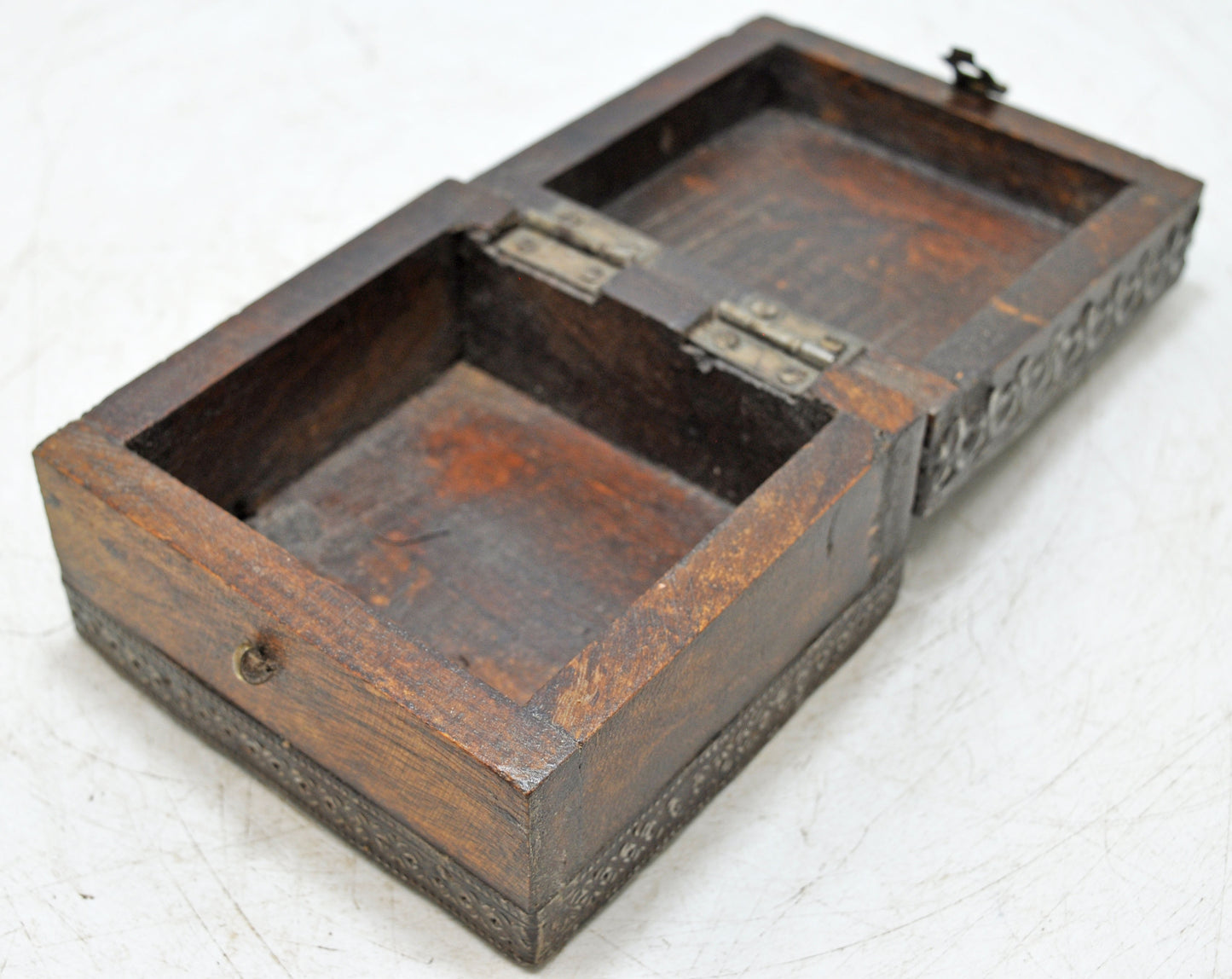 Vintage Wooden Small Storage Box Original Old Hand Carved Metal Fitted