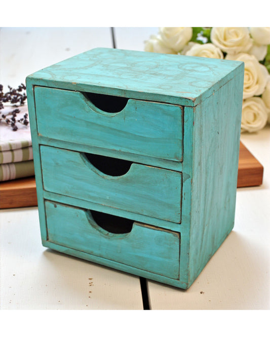 Vintage Wooden Small 3 Drawers Storage Box Original Old Hand Crafted Painted