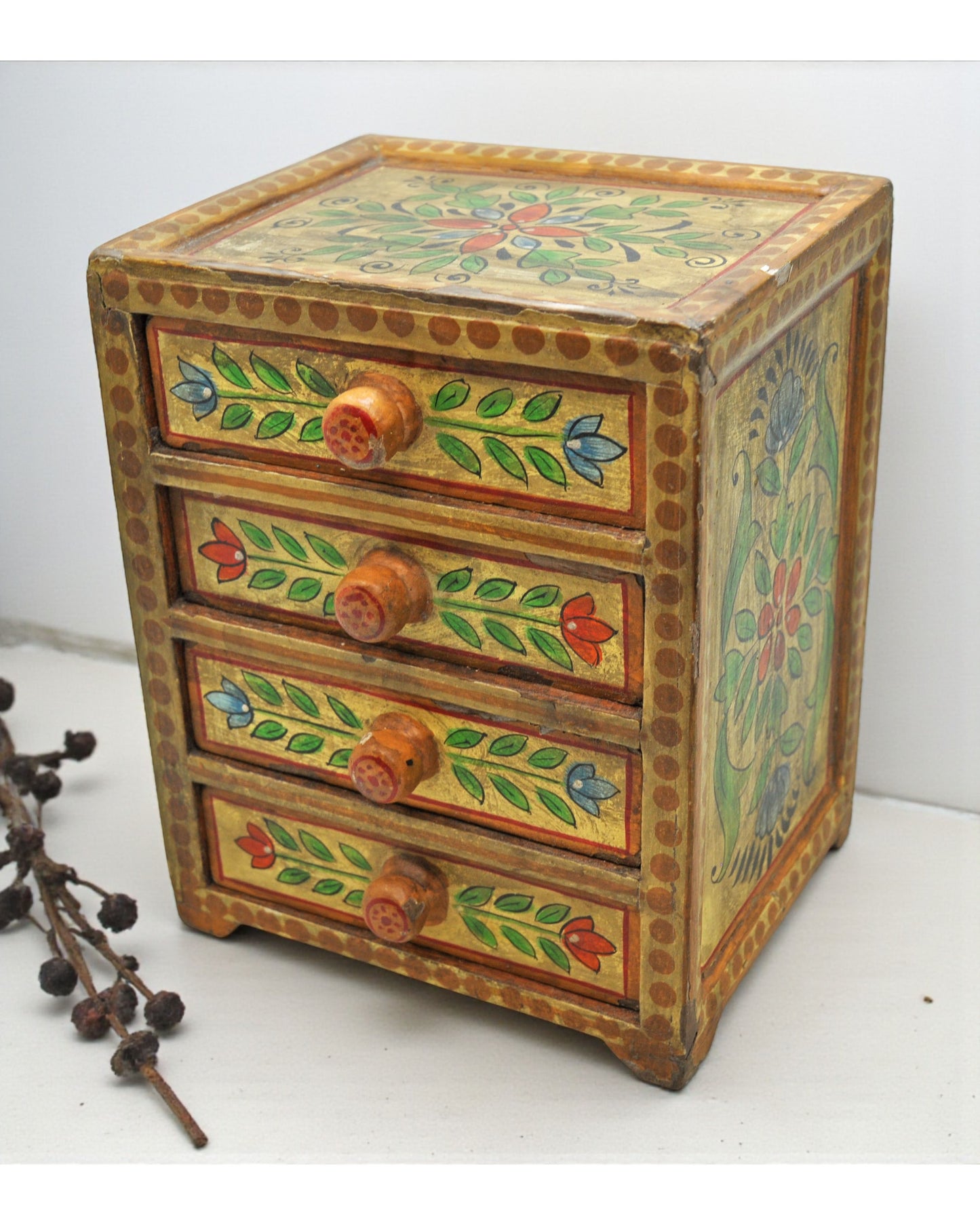 Vintage Wooden 4 Drawers Storage Box Original Old Hand Crafted Painted