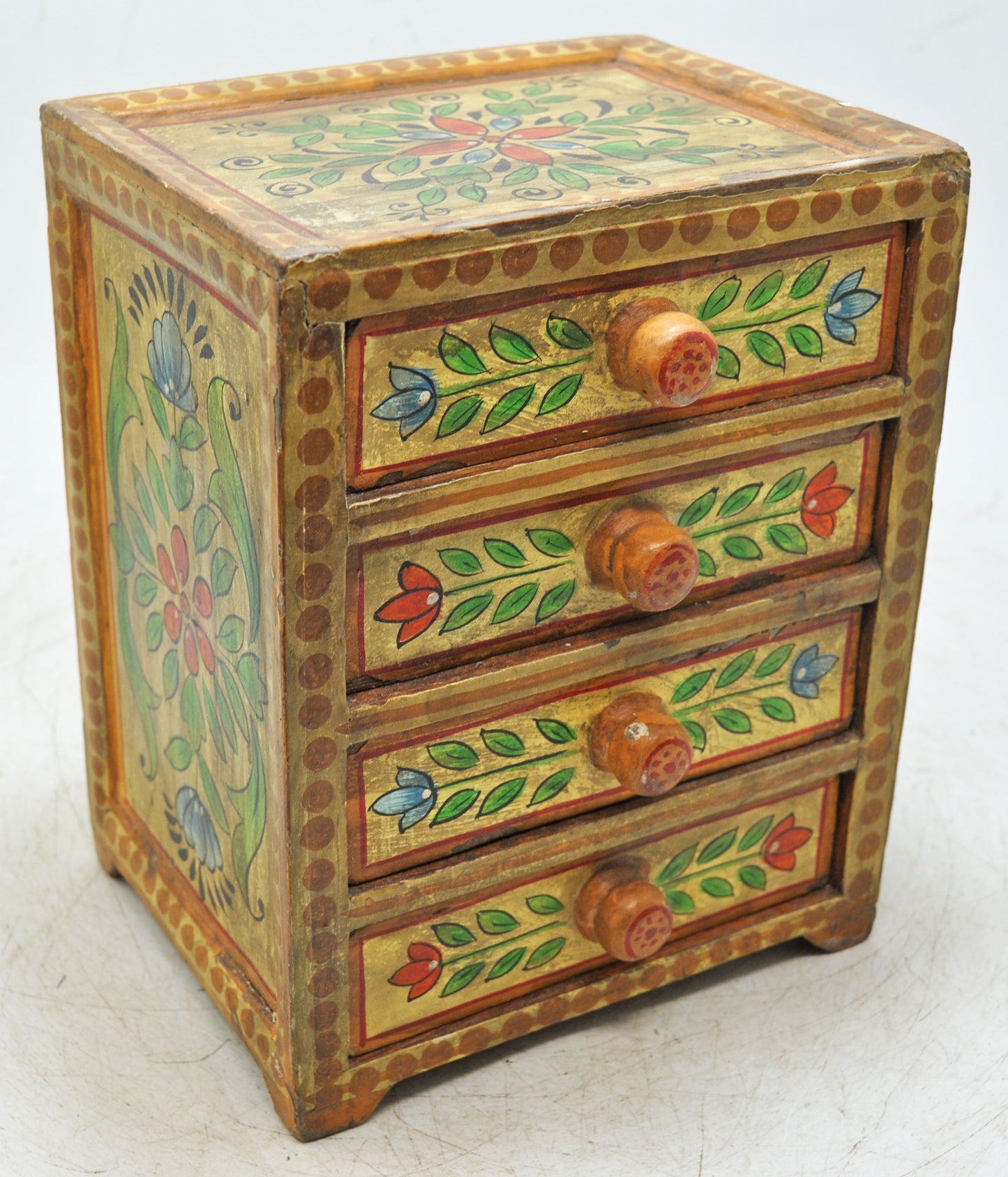 Vintage Wooden 4 Drawers Storage Box Original Old Hand Crafted Painted