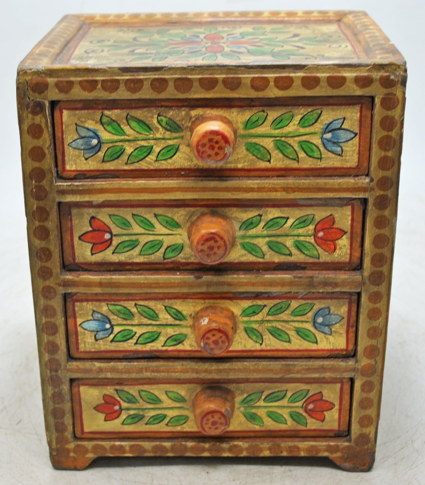 Vintage Wooden 4 Drawers Storage Box Original Old Hand Crafted Painted