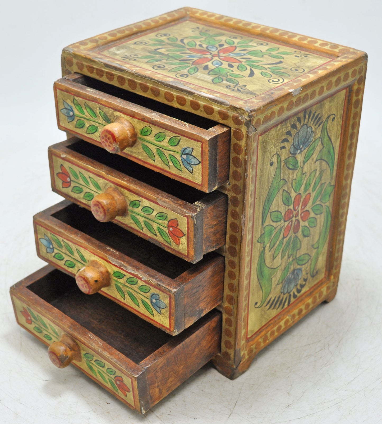 Vintage Wooden 4 Drawers Storage Box Original Old Hand Crafted Painted