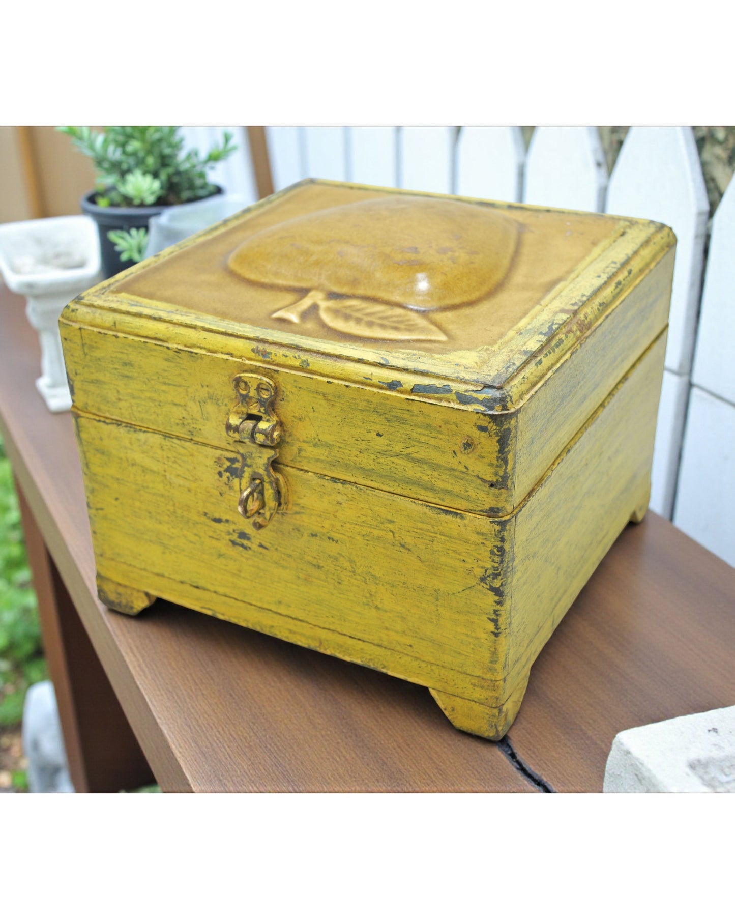 Vintage Wooden Square Storage Box Original Old Hand Crafted Tile Fitted