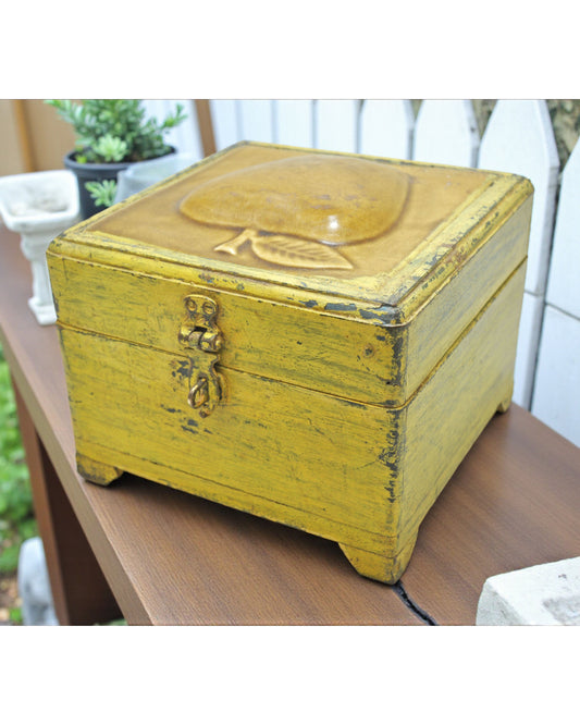 Vintage Wooden Square Storage Box Original Old Hand Crafted Tile Fitted